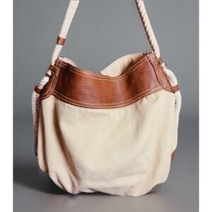 Vtg GAP Jeans Canvas Bucket Bag Tote Rope Cream Brown Leather Y2K 90s Hobo Purse